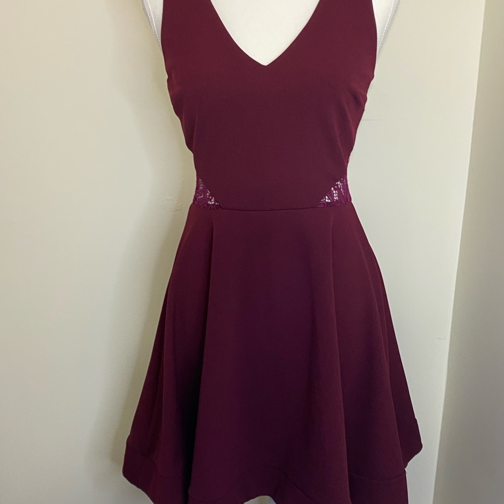 B Darlin Elegant Burgundy Sleeveless Dress with Crocheted Designed Back